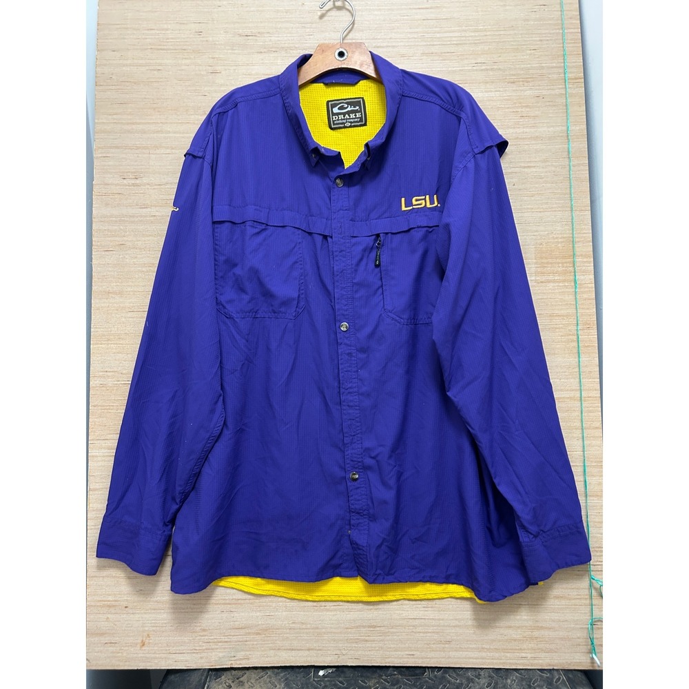 Drake Clothing Company LSU Tigers Fishing Shirt Mens XL‎ Purple Gold Vented Back